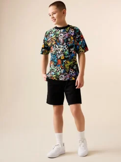 Next Relaxed Fit Short Sleeve All-Over Print T-Shirt (3-16yrs) Black Graffiti Controller