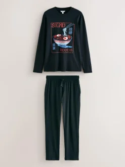 Next Graphic Long Sleeve Jersey Pyjamas Set Black Outlet