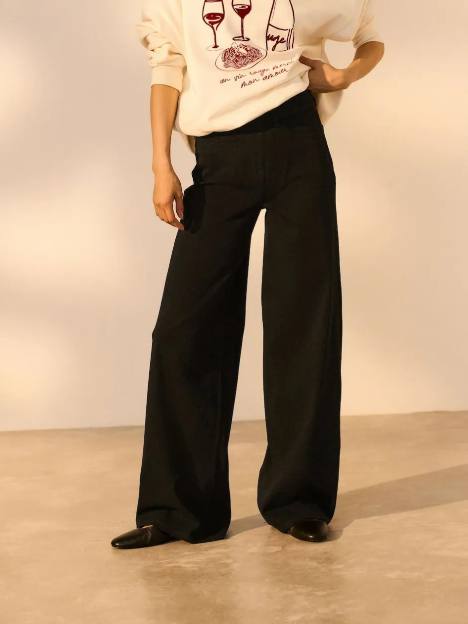 Next Jersey Denim Wide Leg Trousers Black Sale