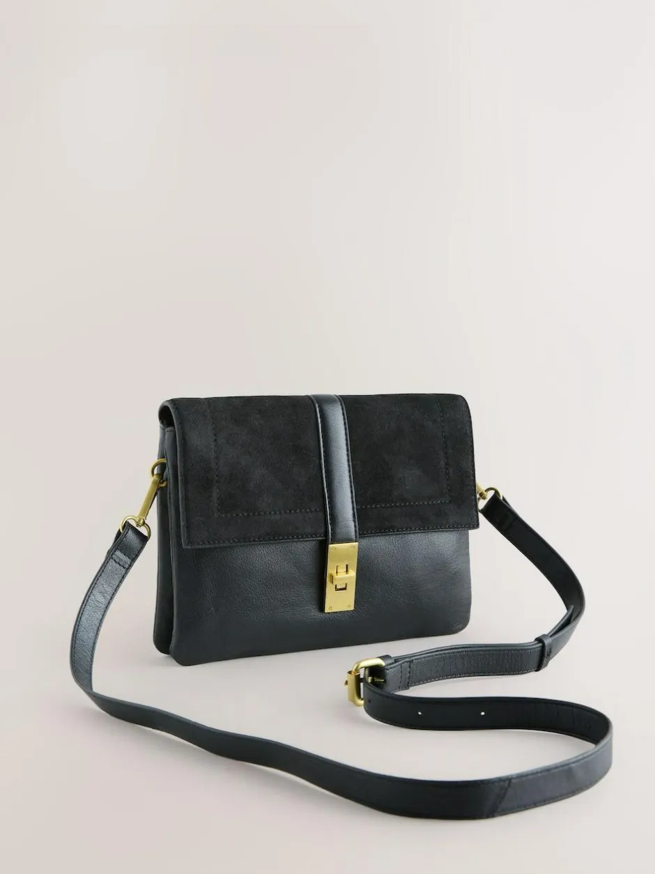 Next Leather Croc Effect Cross-Body Bag Black New
