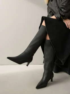 Next Knee High Skinny Heeled Boots Black Leather Clearance