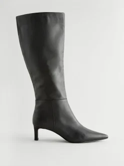 Next Knee High Skinny Heeled Boots Black Leather Clearance