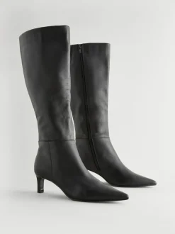 Next Knee High Skinny Heeled Boots Black Leather Clearance