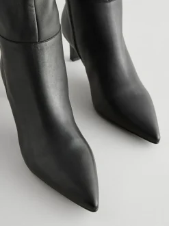 Next Knee High Skinny Heeled Boots Black Leather Clearance