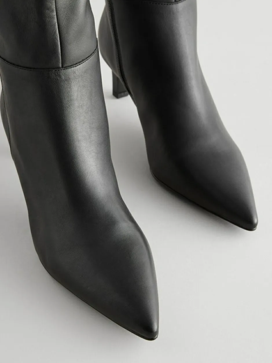 Next Knee High Skinny Heeled Boots Black Leather Clearance