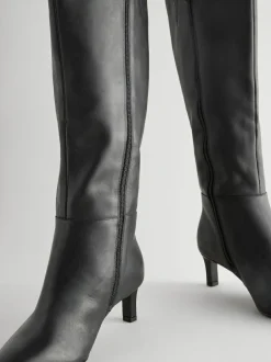 Next Knee High Skinny Heeled Boots Black Leather Clearance