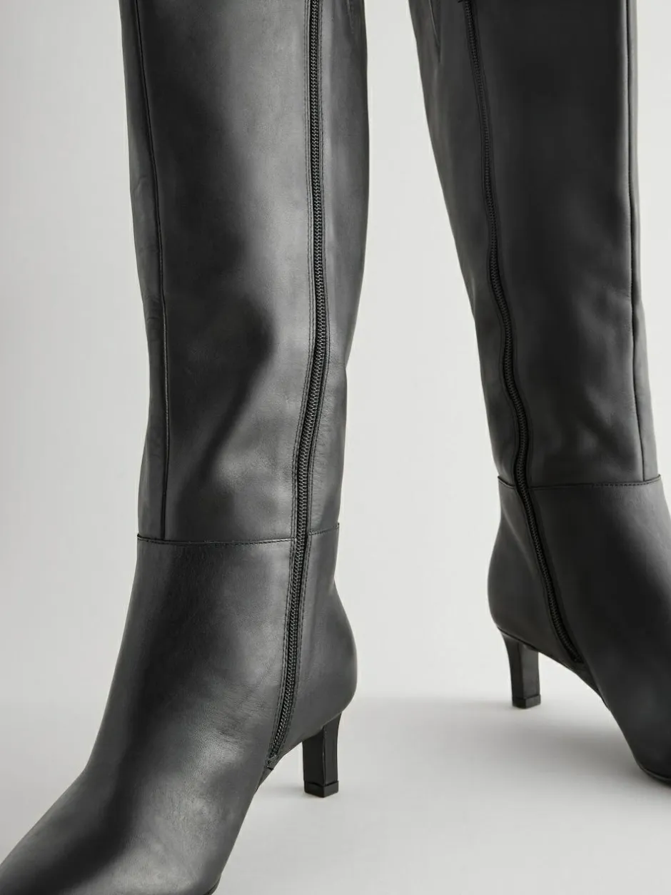 Next Knee High Skinny Heeled Boots Black Leather Clearance
