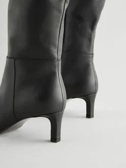 Next Knee High Skinny Heeled Boots Black Leather Clearance