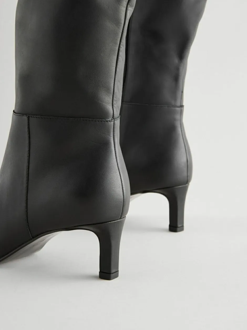 Next Knee High Skinny Heeled Boots Black Leather Clearance