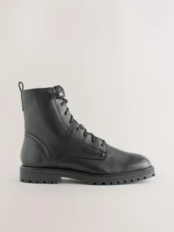 Next Black Leather Standard/Wide Fit Forever Comfort® Square Toe Lace-Up Boots New