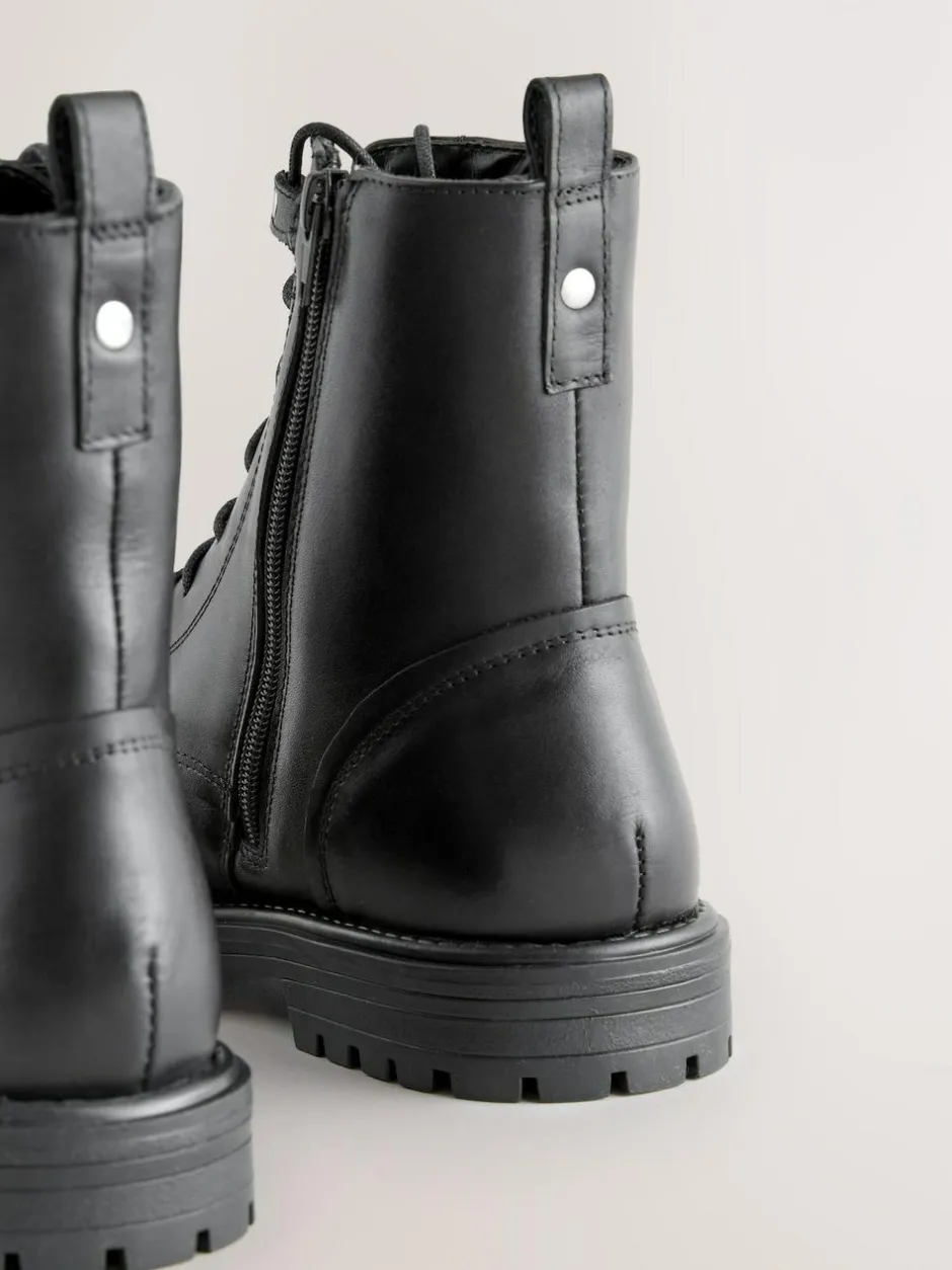 Next Black Leather Standard/Wide Fit Forever Comfort® Square Toe Lace-Up Boots New