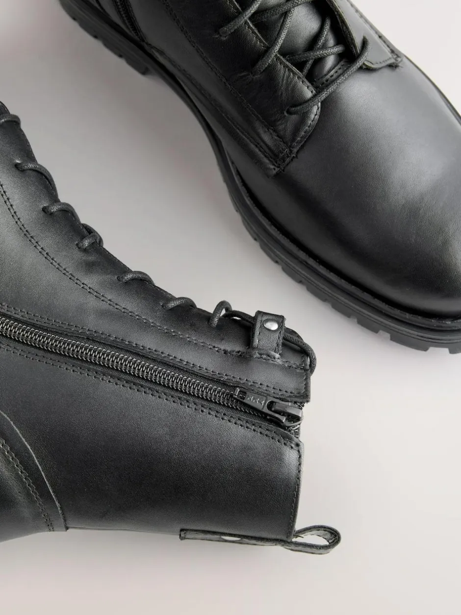 Next Black Leather Standard/Wide Fit Forever Comfort® Square Toe Lace-Up Boots New