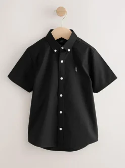 Next Black Logo Short Sleeve Cotton Rich Oxford Shirt (3-16yrs) Online