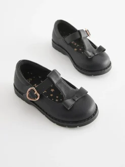 Next Standard Fit (F) School Junior Bow T-Bar Shoes Black Matt Discount