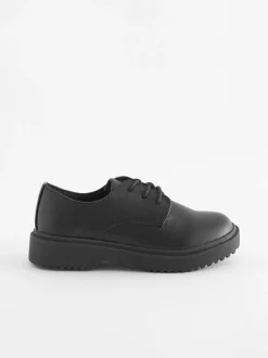 Next Black Matt Wide Fit (G) School Chunky Lace-Up Shoes New