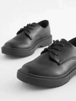 Next Black Matt Wide Fit (G) School Chunky Lace-Up Shoes New