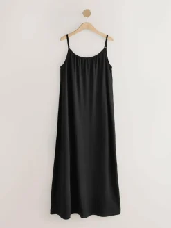 Next Maxi Length Trapeze Shape Ruched Neckline Thin Vest Strap Dress Black Online
