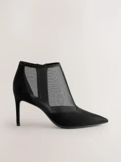 Next Black Mesh Detail Pointed Toe T-Bar Ankle Boots Clearance