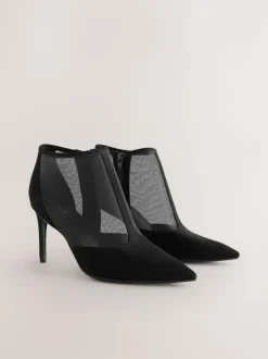 Next Black Mesh Detail Pointed Toe T-Bar Ankle Boots Clearance