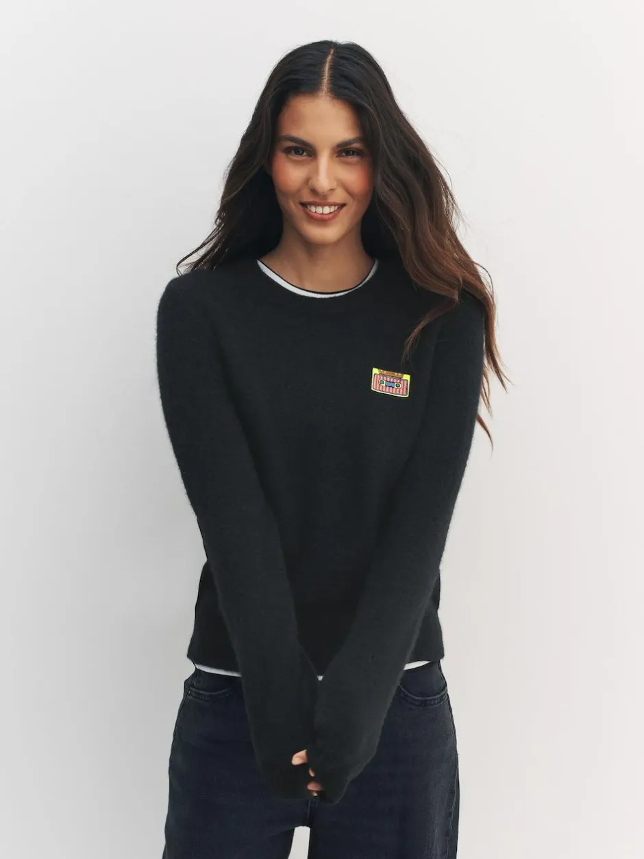 Next Black Music Cassette Long Sleeve Crew Neck Jumper With Wool New