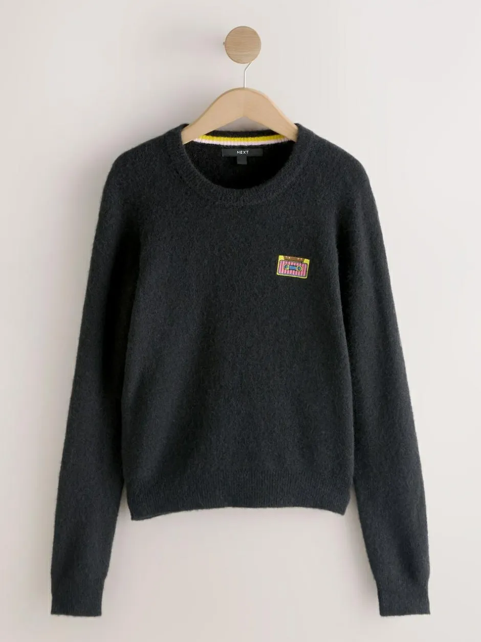 Next Black Music Cassette Long Sleeve Crew Neck Jumper With Wool New