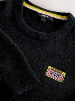 Next Black Music Cassette Long Sleeve Crew Neck Jumper With Wool New