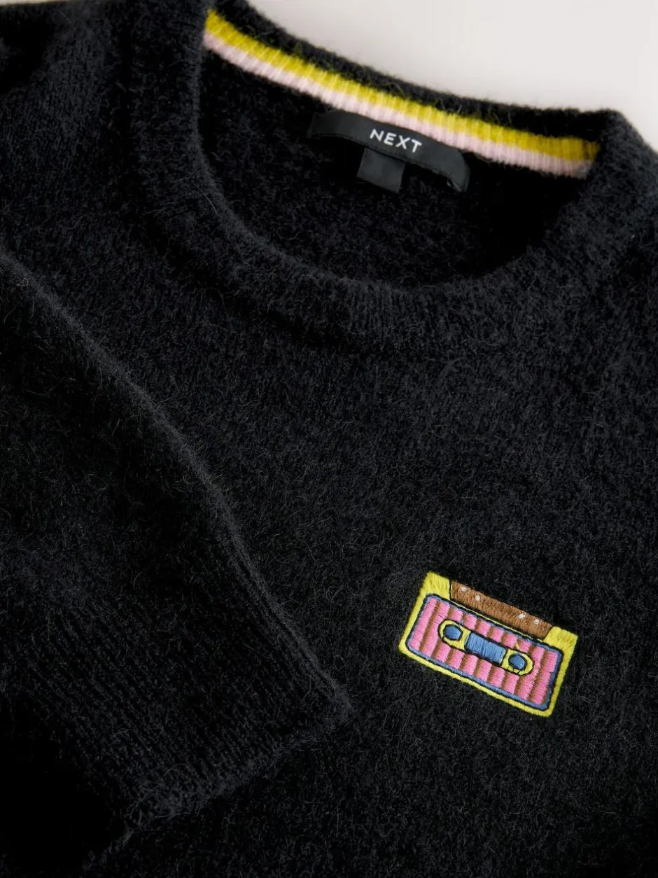 Next Black Music Cassette Long Sleeve Crew Neck Jumper With Wool New