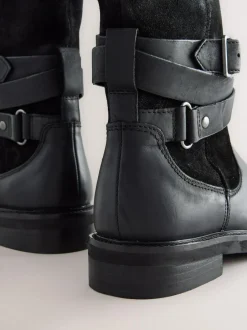 Next Forever Comfort® Borg Lined Buckle Trim Ankle Boots Black Oiled Leather Online
