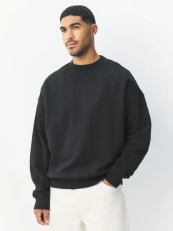 Next Oversized Heavyweight Cotton Rich Crew Neck Sweatshirt Black New