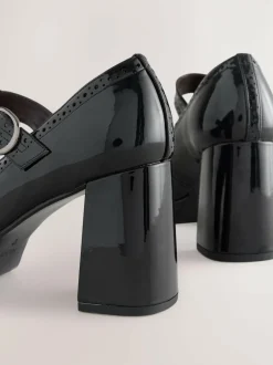 Next Forever Comfort® Brogue Mary Jane Platform Block Heels Black Patent Clearance
