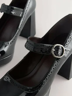 Next Forever Comfort® Brogue Mary Jane Platform Block Heels Black Patent Clearance
