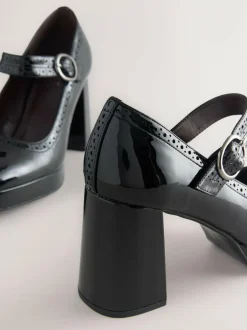 Next Forever Comfort® Brogue Mary Jane Platform Block Heels Black Patent Clearance