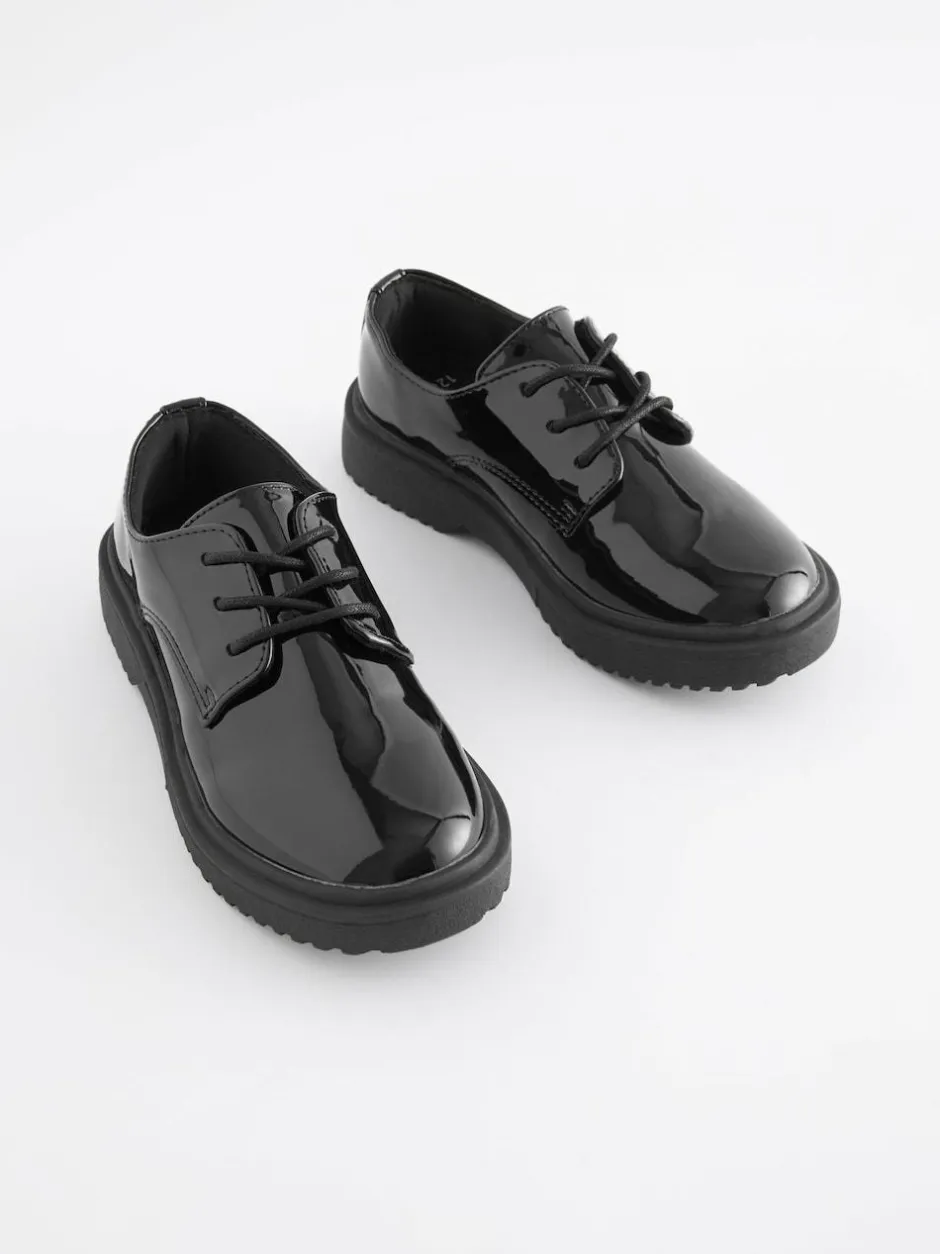 Next Black Patent Standard Fit (F) School Chunky Lace-Up Shoes New