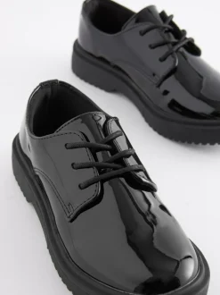Next Black Patent Standard Fit (F) School Chunky Lace-Up Shoes New