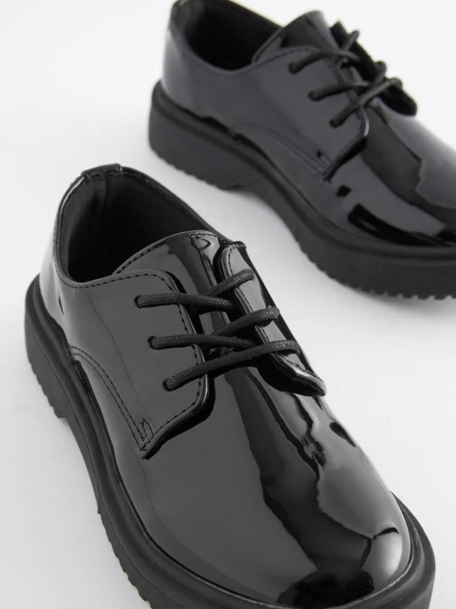 Next Black Patent Standard Fit (F) School Chunky Lace-Up Shoes New