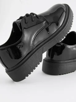 Next Black Patent Standard Fit (F) School Chunky Lace-Up Shoes New