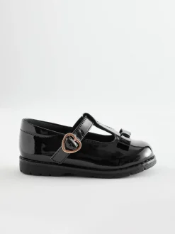 Next Standard Fit (F) School Junior Bow T-Bar Shoes Black Patent Hot