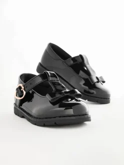 Next Standard Fit (F) School Junior Bow T-Bar Shoes Black Patent Hot