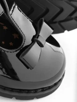 Next Standard Fit (F) School Junior Bow T-Bar Shoes Black Patent Hot