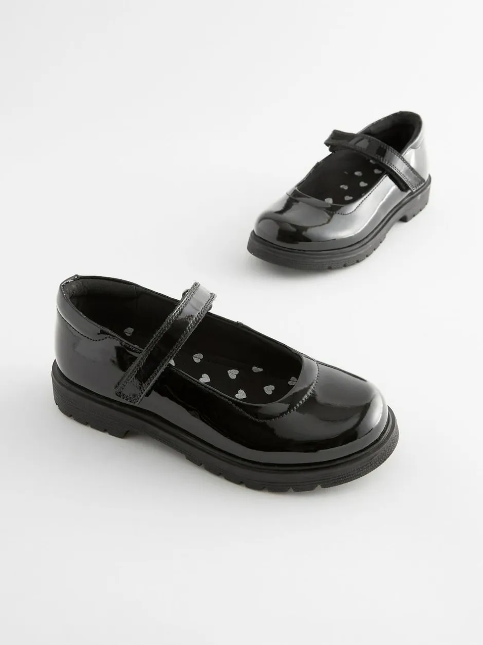 Next Black Patent Standard Fit (F) School Leather Chunky Mary Jane Shoes Hot