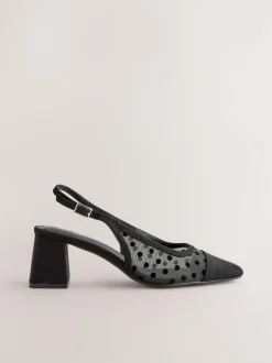 Next Forever Comfort® Square Toe Slingback Block Heels Black Polkadot New