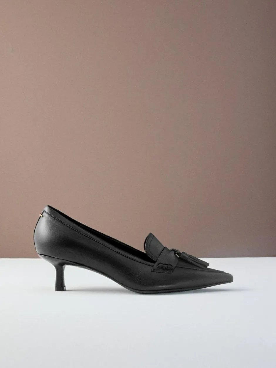 Next Premium Leather With Motionflex Point Toe Tassel Heels Loafers Black