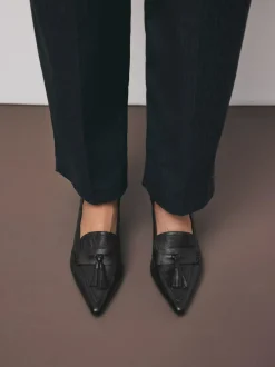 Next Premium Leather With Motionflex Point Toe Tassel Heels Loafers Black