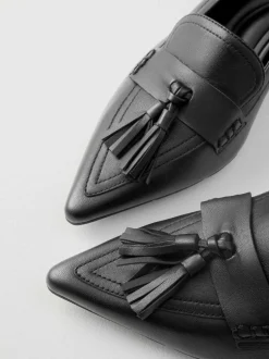 Next Premium Leather With Motionflex Point Toe Tassel Heels Loafers Black