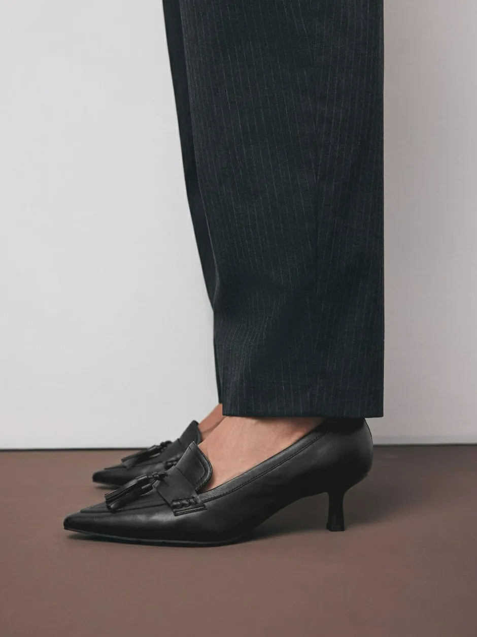 Next Premium Leather With Motionflex Point Toe Tassel Heels Loafers Black