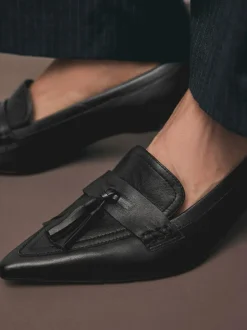 Next Premium Leather With Motionflex Point Toe Tassel Heels Loafers Black