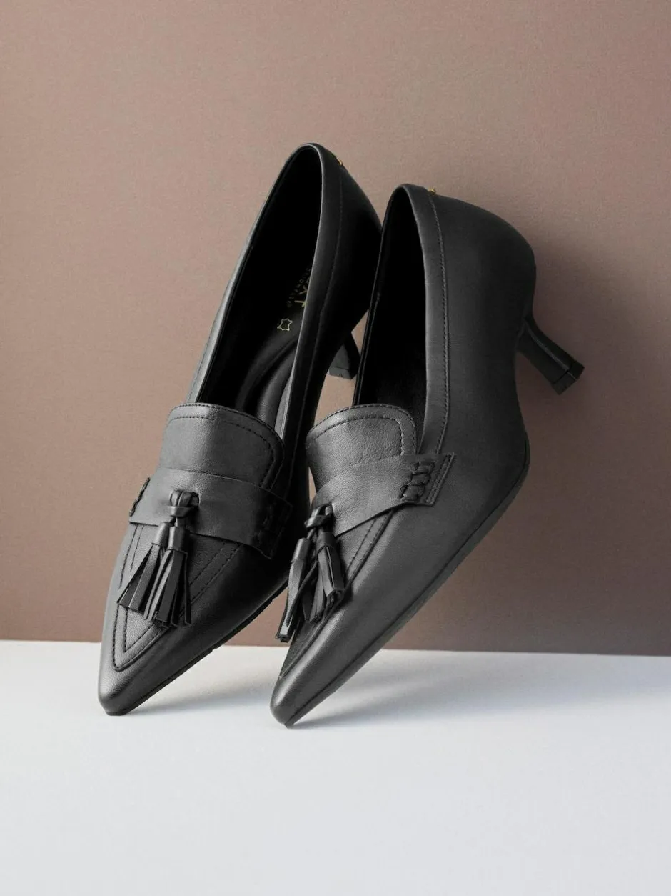 Next Premium Leather With Motionflex Point Toe Tassel Heels Loafers Black