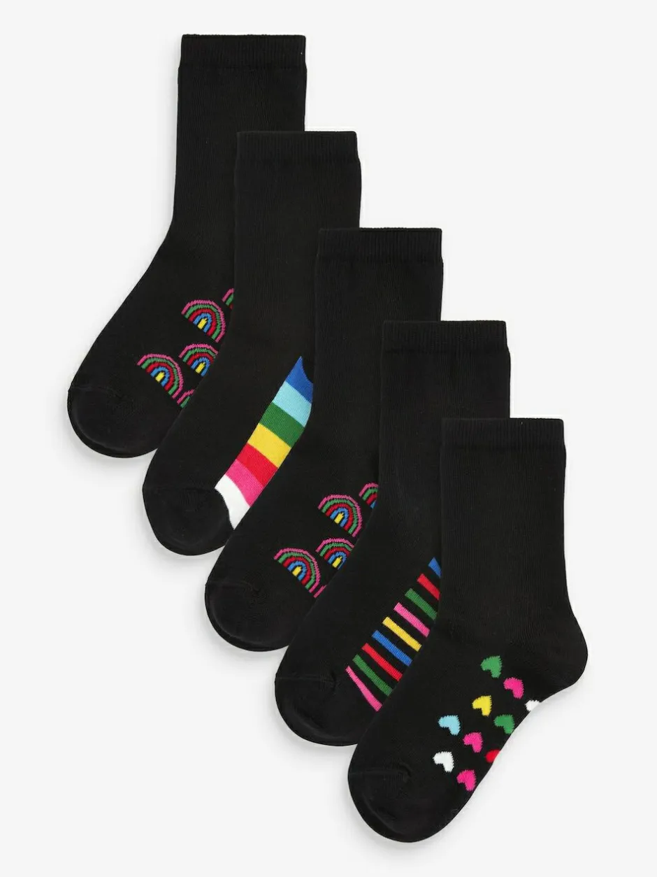 Next 5 Pack Cotton Rich Footbed Ankle School Socks Black Rainbow Online