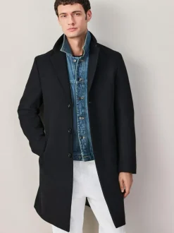 Next Regular Fit Epsom Overcoat with Wool Black Discount