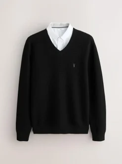 Next Regular Fit Textured Oxford Mock Shirt Jumper Black Hot
